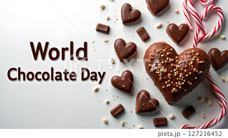 Delightful World Chocolate Day Still Life with Heart-shaped Sweets and Candy Canes 127216452