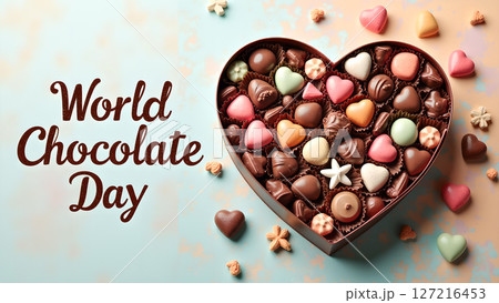 Heart-shaped box of assorted chocolates, celebrating World Chocolate Day occasion 127216453