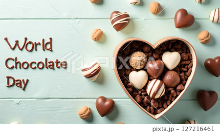 World Chocolate Day Celebration with Heart-Shaped Box Filled with Assorted Chocolates World Chocolate Day Celebration with Heart-Shaped Box Filled with Assorted Chocolates 127216461