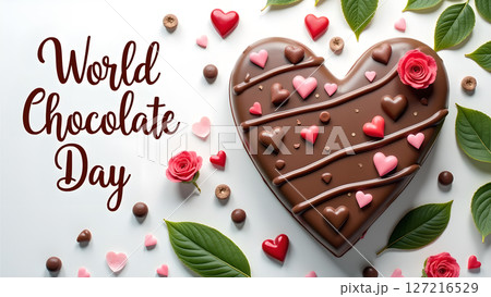 World Chocolate Day Celebration: Heart-Shaped Chocolate Cake with Flowers and Hearts 127216529