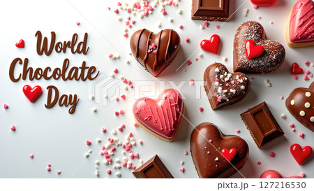 Celebrate World Chocolate Day with decadent heart-shaped treats and colorful sprinkles Celebrate World Chocolate Day with decadent heart-shaped treats and colorful sprinkles 127216530