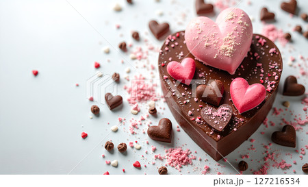 Delicious chocolate heart cake adorned with miniature hearts for Valentine's Day delight Delicious chocolate heart cake adorned with miniature hearts for Valentine's Day delight 127216534