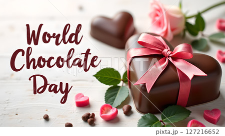 Celebrate World Chocolate Day with Heart-Shaped Treats and Pink Roses on White Wood Celebrate World Chocolate Day with Heart-Shaped Treats and Pink Roses on White Wood 127216652
