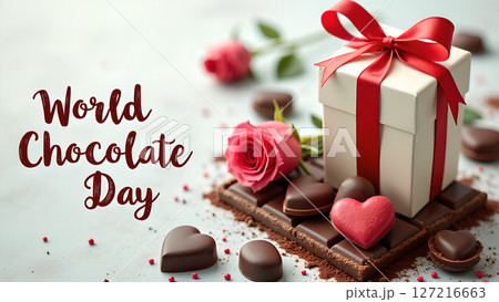 Festive world chocolate day arrangement featuring gift box, roses, and chocolates Festive world chocolate day arrangement featuring gift box, roses, and chocolates 127216663