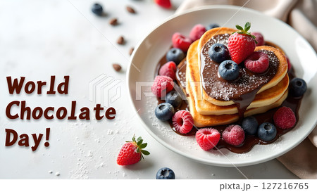 Celebrate World Chocolate Day with Heart-Shaped Pancakes and Fresh Berries delight Celebrate World Chocolate Day with Heart-Shaped Pancakes and Fresh Berries delight 127216765