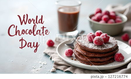 Delicious chocolate pancakes with fresh raspberries celebrate World Chocolate Day 127216774