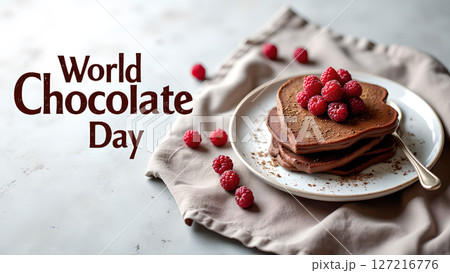 Delicious chocolate pancakes with fresh raspberries for World Chocolate Day celebration 127216776