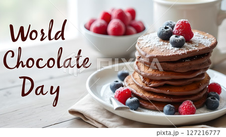 Delicious chocolate pancakes with fresh berries for a special celebration event 127216777
