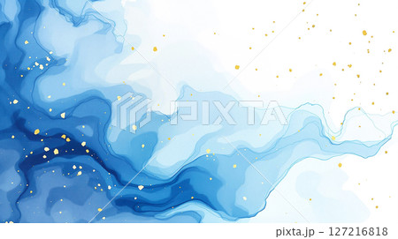 金箔を散りばめたブルーのアルコールインクアートの背景 127216818