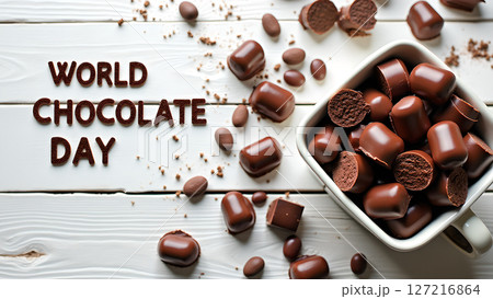 Delicious chocolate candies arrangement celebrating World Chocolate Day on wooden surface Delicious chocolate candies arrangement celebrating World Chocolate Day on wooden surface 127216864