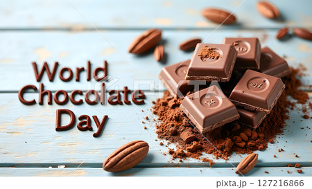 Celebrating World Chocolate Day with Delicious Chocolate Squares and Cocoa Beans 127216866