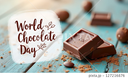 Celebrate World Chocolate Day with delicious treats and cocoa delights displayed on blue wood 127216876