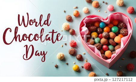 Celebrate World Chocolate Day with a heart-shaped box of colorful chocolates Celebrate World Chocolate Day with a heart-shaped box of colorful chocolates 127217112