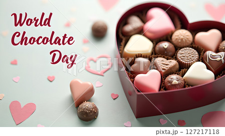 Heart-shaped box filled with assorted chocolates for World Chocolate Day celebration 127217118