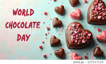Delicious heart-shaped chocolates for World Chocolate Day celebration, perfect for gifting 127217124