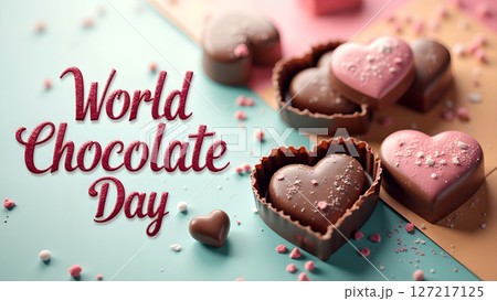 Delicious heart-shaped chocolates celebrating world chocolate day on a colorful background 127217125