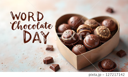 Delicious chocolate truffles in heart-shaped box for World Chocolate Day celebration Delicious chocolate truffles in heart-shaped box for World Chocolate Day celebration 127217142