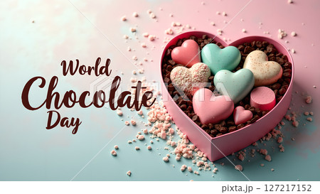 Celebration of world chocolate day with heart shaped chocolates in a pink box Celebration of world chocolate day with heart shaped chocolates in a pink box 127217152