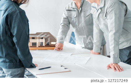 住宅模型を使って会議・ミーティング・打ち合わせ作業服姿の建設業・建築業の男女のビジネスマン 127217249