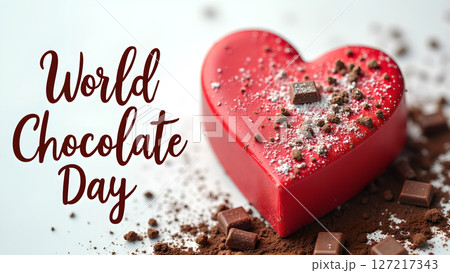 Celebration of World Chocolate Day with a Red Heart Chocolate on White Backdrop Celebration of World Chocolate Day with a Red Heart Chocolate on White Backdrop 127217343