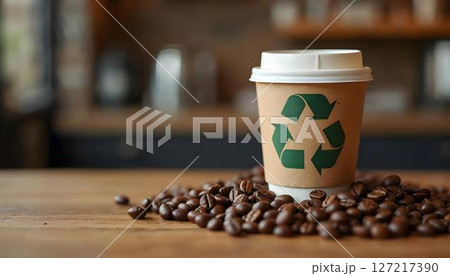 Recyclable coffee cup showcasing a recycling symbol, emphasizing environmental awareness on Earth Day with coffee beans 127217390
