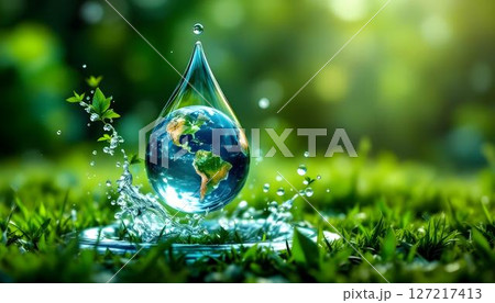 Earth illustrated within a water droplet, symbolizing the significance of sustainability and environmental protection on earth day 127217413
