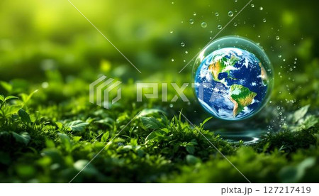 A water drop encapsulating Earth, symbolizing sustainability and eco-friendliness for Earth Day and green energy awareness 127217419