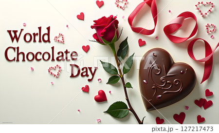 Celebrating World Chocolate Day with heart-shaped treats, a rose, and ribbon decorations 127217473