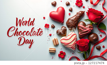 Elegant World Chocolate Day Celebration Still Life with Hearts, Roses, and Ribbons 127217474