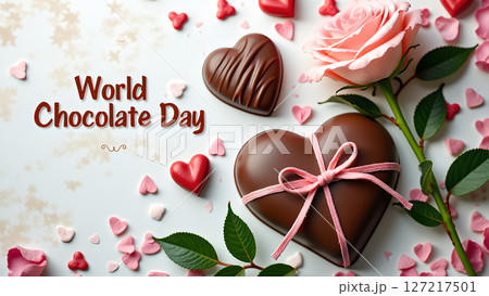 Delicious world chocolate day composition with heart-shaped chocolates and rose Delicious world chocolate day composition with heart-shaped chocolates and rose 127217501