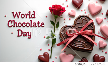 Celebrating World Chocolate Day with Heart-Shaped Treats and a Beautiful Red Rose 127217502