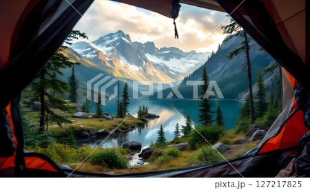 Through a camping tent, a stunning landscape reveals a lake surrounded by mountains, inviting outdoor adventure Through a camping tent, a stunning landscape reveals a lake surrounded by mountains, inviting outdoor adventure 127217825