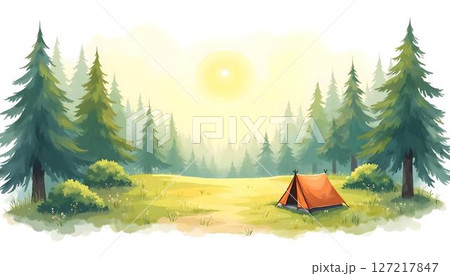 Watercolor image of a camping tent in a vibrant forest, embodying the essence of travel and the beauty of nature 127217847
