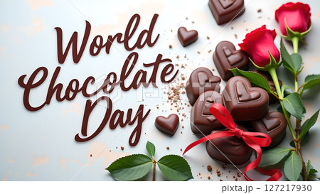 Celebrate World Chocolate Day with Delicious Heart-Shaped Chocolates and Red Roses 127217930