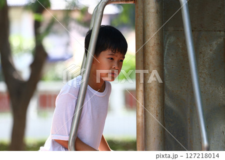 Young Boy Engaged in Outdoor Play on a Sunny Day, Climbing Playground Equipment in a Park Setting With Focused Expression and Natural Backdrop Young Boy Engaged in Outdoor Play on a Sunny Day, Climbing Playground Equipment in a Park Setting With Focused Expression and Natural Backdrop 127218014