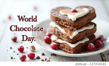 Celebrating World Chocolate Day with Heart-Shaped Pancakes and Sweet Berries 127218181