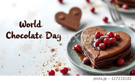 Celebratory World Chocolate Day image featuring heart shaped chocolate pancakes 127218182