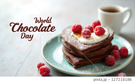 Delicious Heart-Shaped Chocolate Pancakes Stack with Raspberries for World Chocolate Day Delicious Heart-Shaped Chocolate Pancakes Stack with Raspberries for World Chocolate Day 127218186
