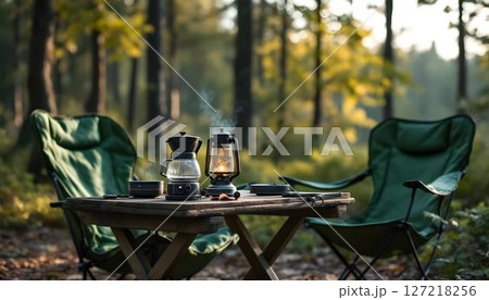A compact coffee maker and camping chair arranged in a peaceful forest, ideal for hiking and outdoor getaways 127218256