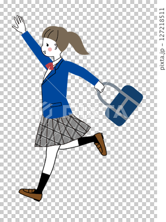 A female student in uniform running while waving her hand A female student in uniform running while waving her hand 127218511
