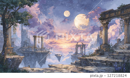二つの月と空中に浮かぶ幻想神殿遺跡の風景 127218824