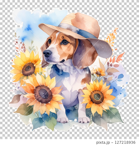 向日葵と麦わら帽子のビーグルの水彩画イラスト4／チラシやポスター用素材 127218936