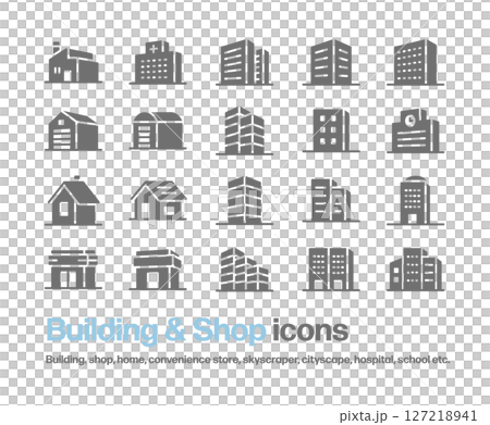 Icon set of buildings. Silhouettes of buildings, houses, shops, hospitals, schools, etc. 127218941