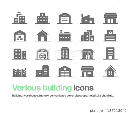 色々な建物のアイコン。ビル,倉庫,工場,病院,学校,家等のシルエットアイコン 127218942