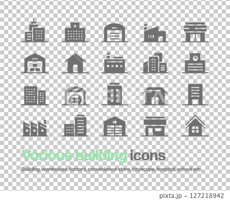 色々な建物のアイコン。ビル,倉庫,工場,病院,学校,家等のシルエットアイコン 127218942