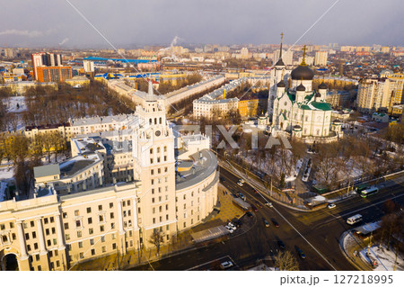 Aerial view of the Annunciation Cathedral and the tower of the Southern Railway building in city Voronezh 127218995