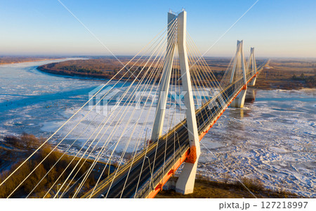 Aerial view of cable-stayed Murom Bridge across Oka river 127218997