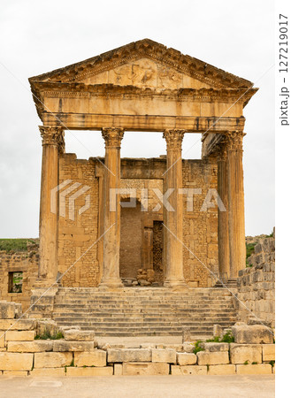 Ruins of ancient Roman capitol on territory of antic city of Dougga in area of modern Tunisia. 127219017