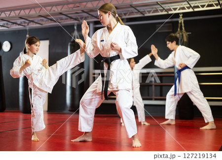 Female trainer and girl training karate in pairs 127219134