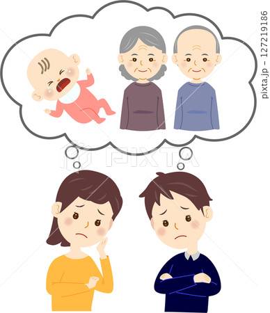 子どもの育児と高齢者の両親の介護に悩む夫婦 127219186